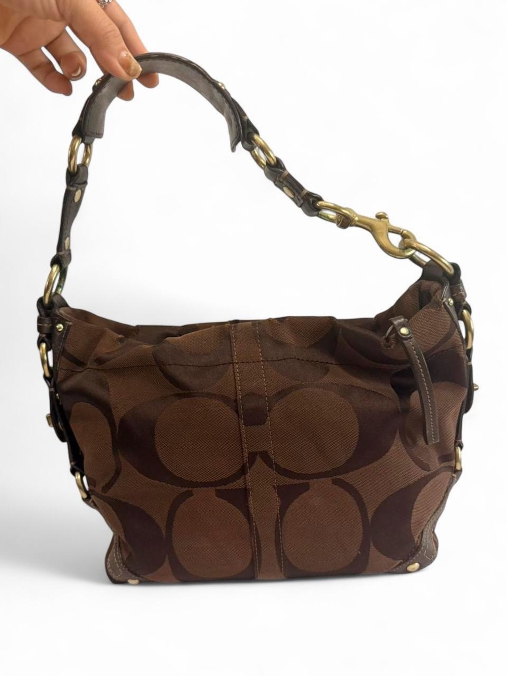 Coach Brown Signature Canvas Shoulder Bag with Brass Hardware